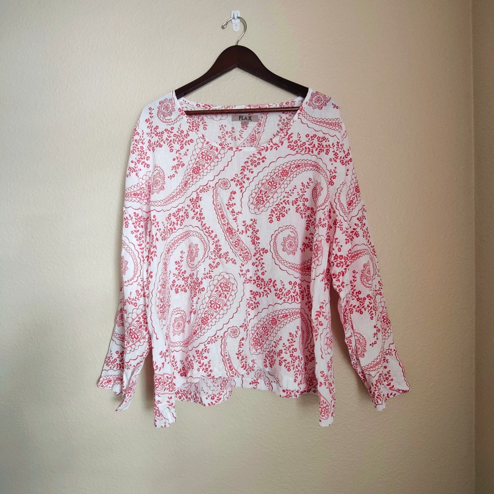 FLAX 100% Linen‎ Red Paisley Floral Long Sleeve Top Boho Lagenlook Large Granola